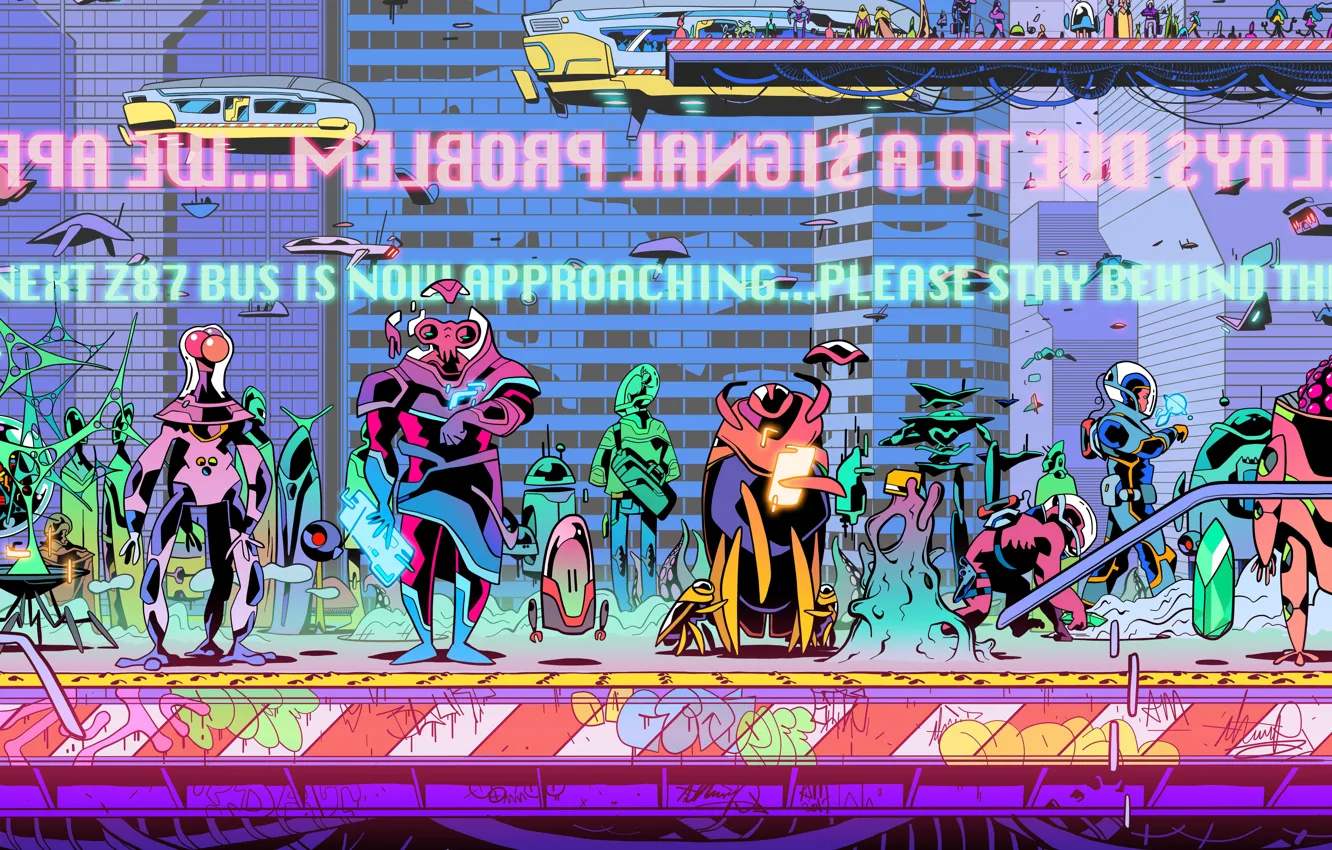 Photo wallpaper city, the city, future, fiction, transport, robot, the suit, alien