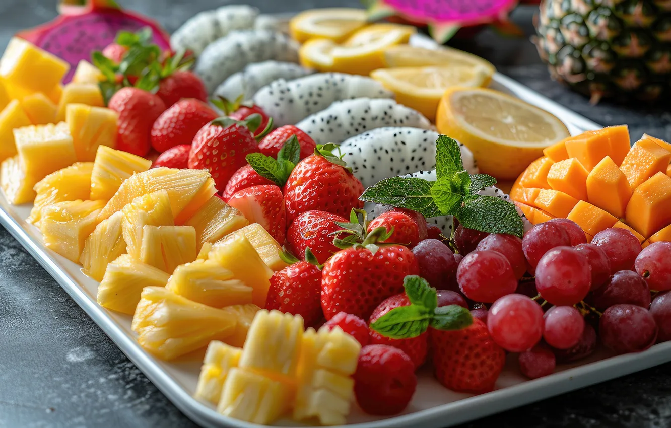 Photo wallpaper berries, lemon, cubes, orange, strawberry, grapes, fruit, mango