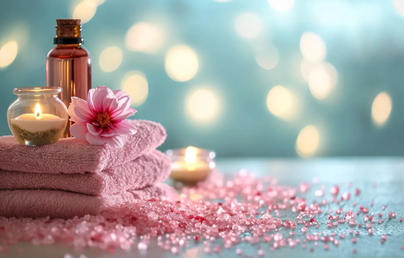 Photo wallpaper flowers, towel, candles, AI art, neural network