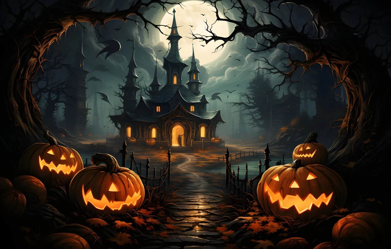 Photo wallpaper trees, night, clouds, lights, the moon, home, Halloween, pumpkin