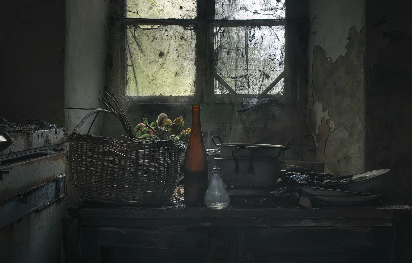 Photo wallpaper table, basket, bottle, window, pan, perfect order