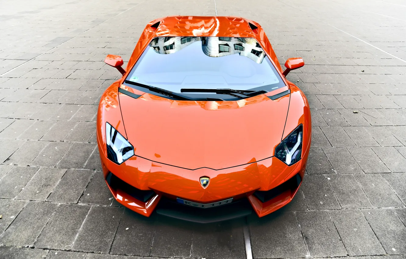 Photo wallpaper orange, reflection, pavers, lamborghini, the front, orange, aventador, lp700-4