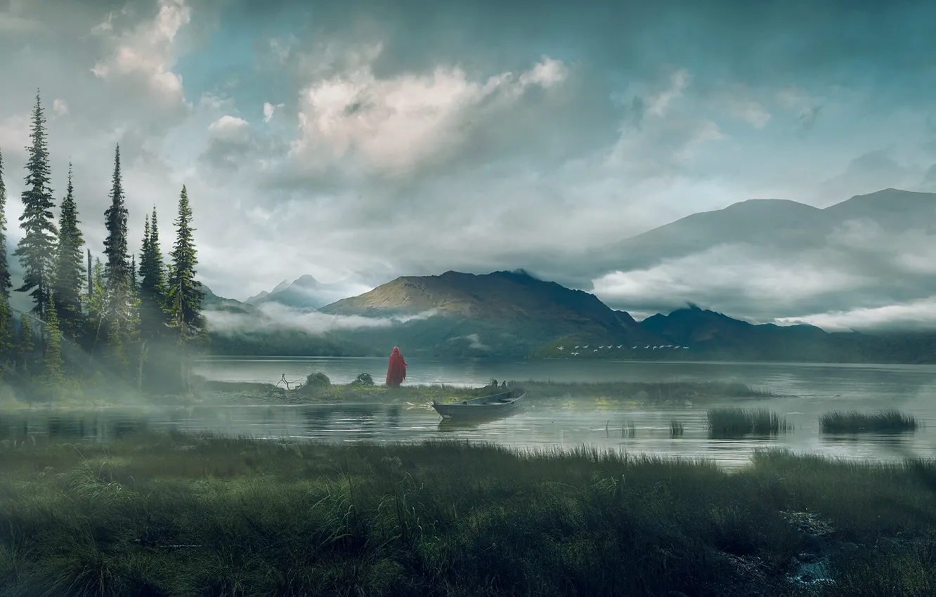 Photo wallpaper water, landscape, mountains, nature, lake, river, boat, people