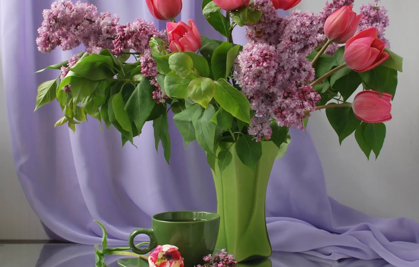 Photo wallpaper flowers, spring, Cup, tulips, vase, still life, lilac