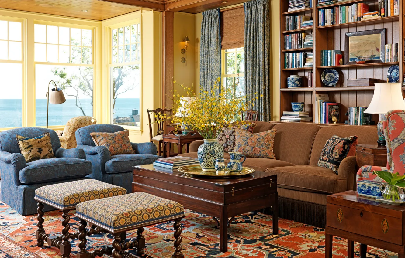 Photo wallpaper design, style, interior, library, living room, New England, by Elizabeth Brosnan Hourihan interiors
