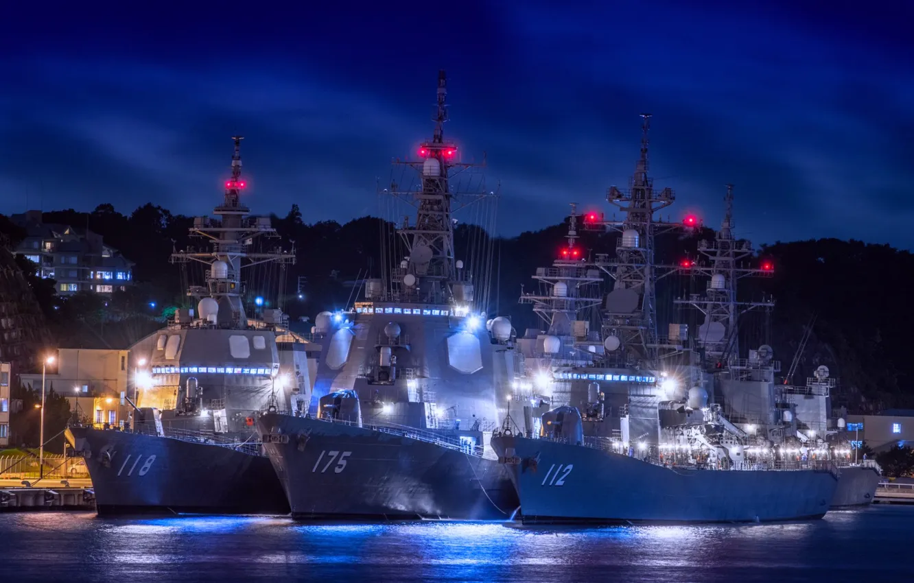 Photo wallpaper night, lights, Japan, destroyers