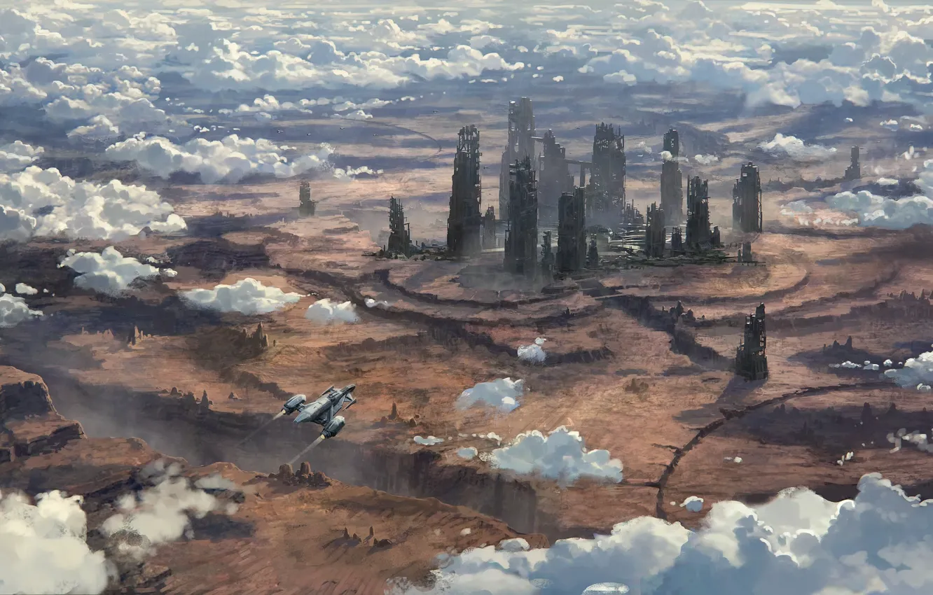 Photo wallpaper clouds, surface, flight, the city, planet, the ruins, spaceship