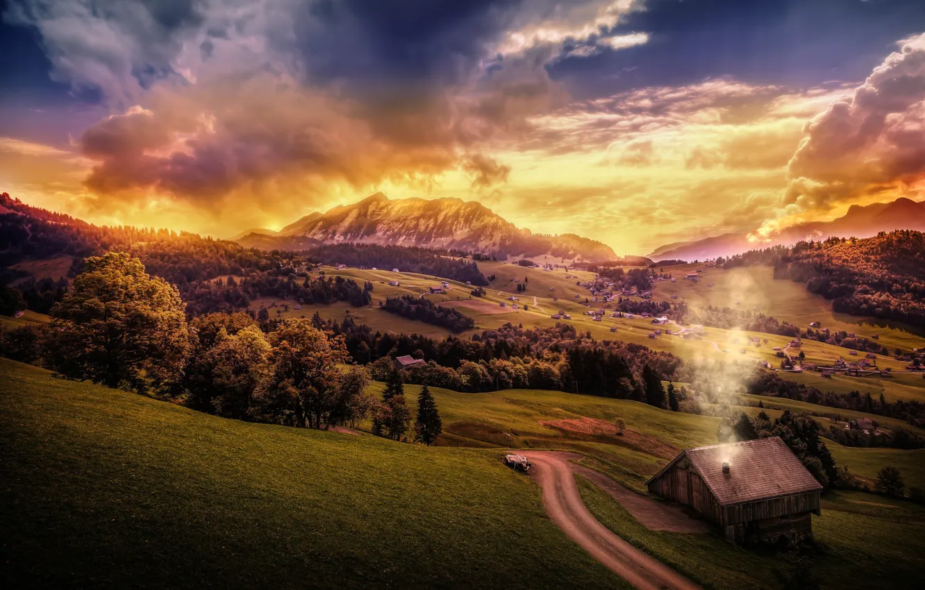 Photo wallpaper the sky, clouds, trees, mountains, field, Switzerland, panorama, houses
