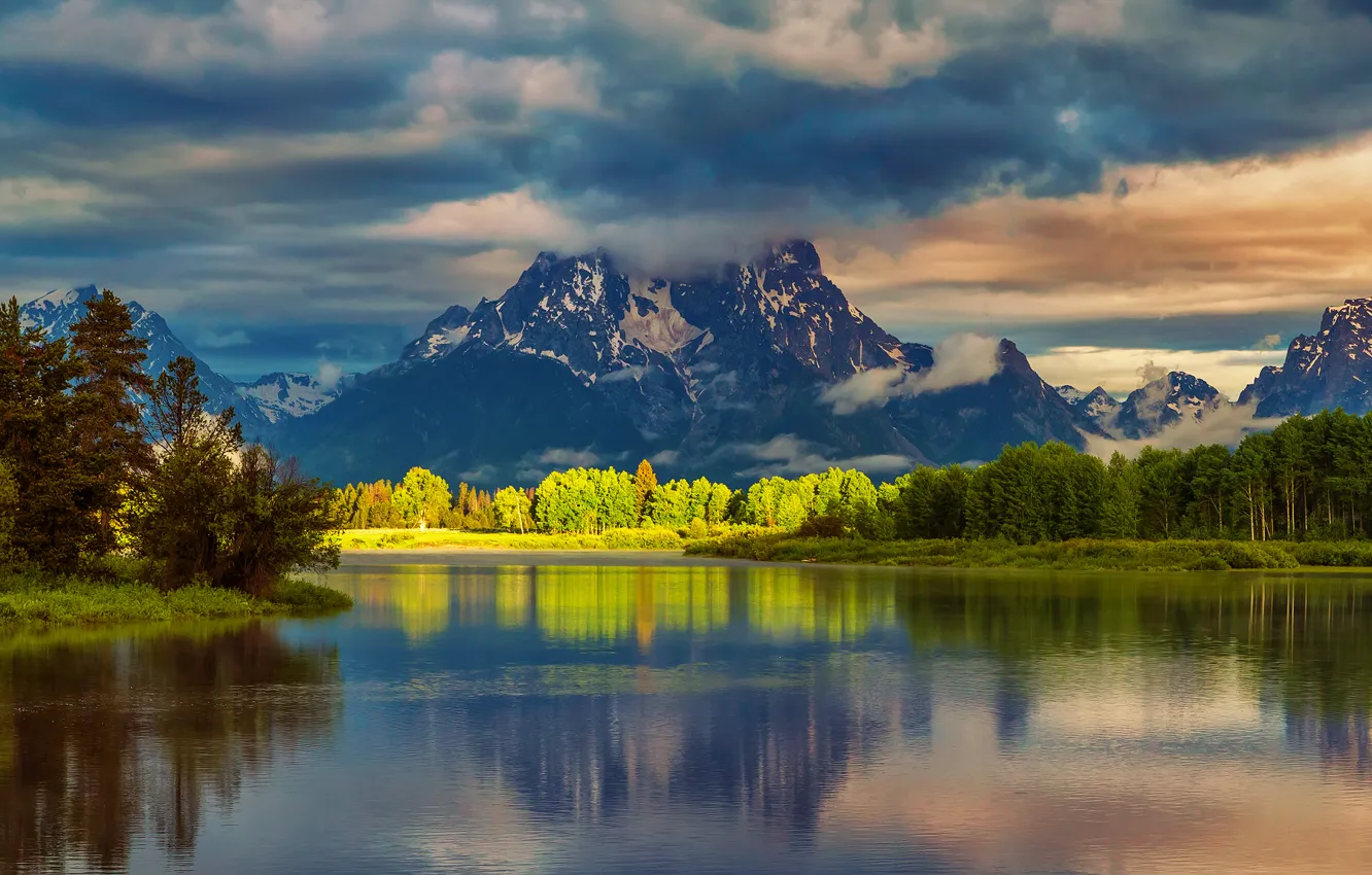 Photo wallpaper forest, summer, water, clouds, light, reflection, mountains, morning