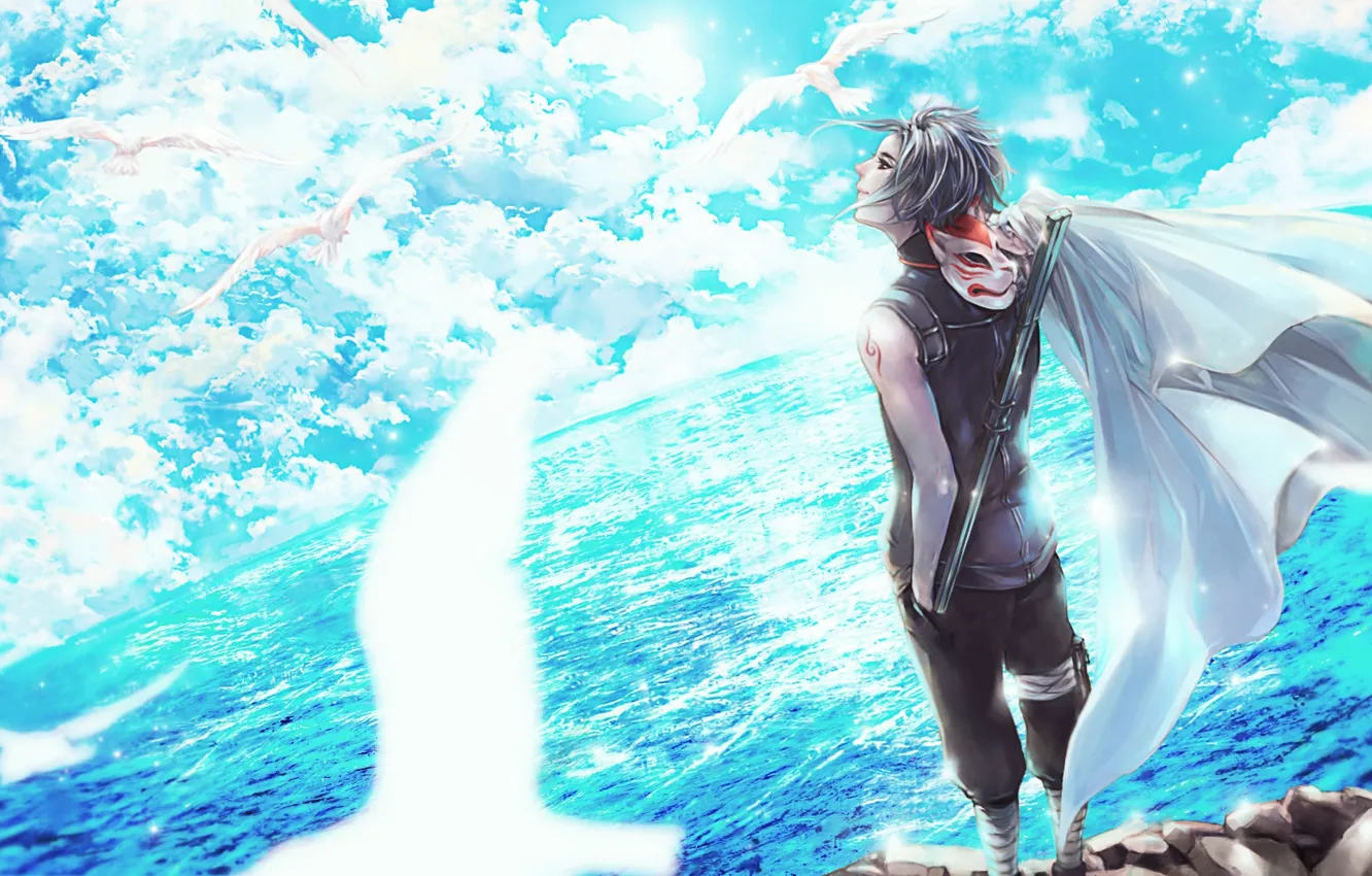 Photo wallpaper the sky, clouds, birds, smile, the ocean, anime, mask, art