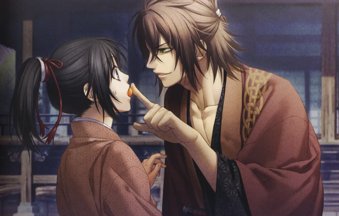 Photo wallpaper Japanese clothing, flirting, Okita Souji, demons pale cherry, chizuru yukimura, embarrassment, Hakuouki Shinsengumi Kitano, a …