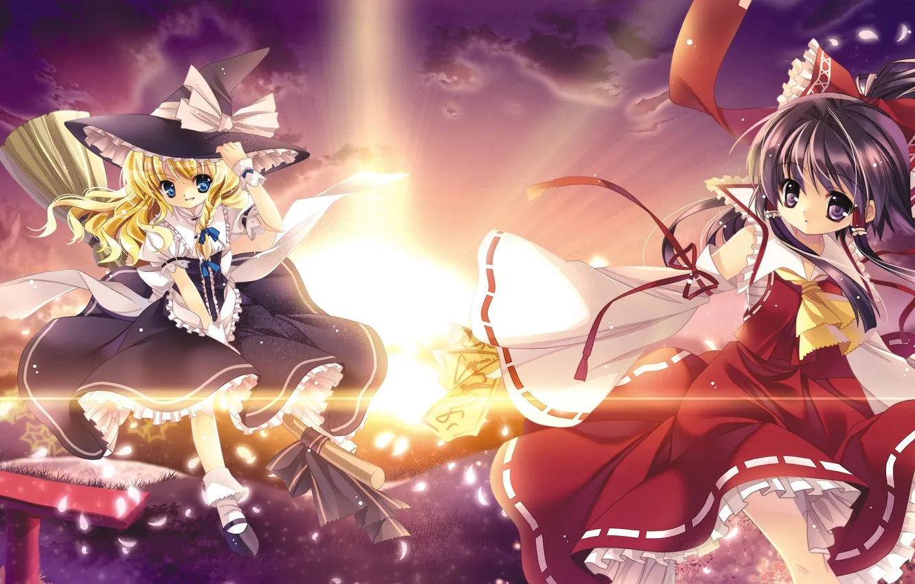 Photo wallpaper the sky, the sun, clouds, light, sunset, hat, petals, art