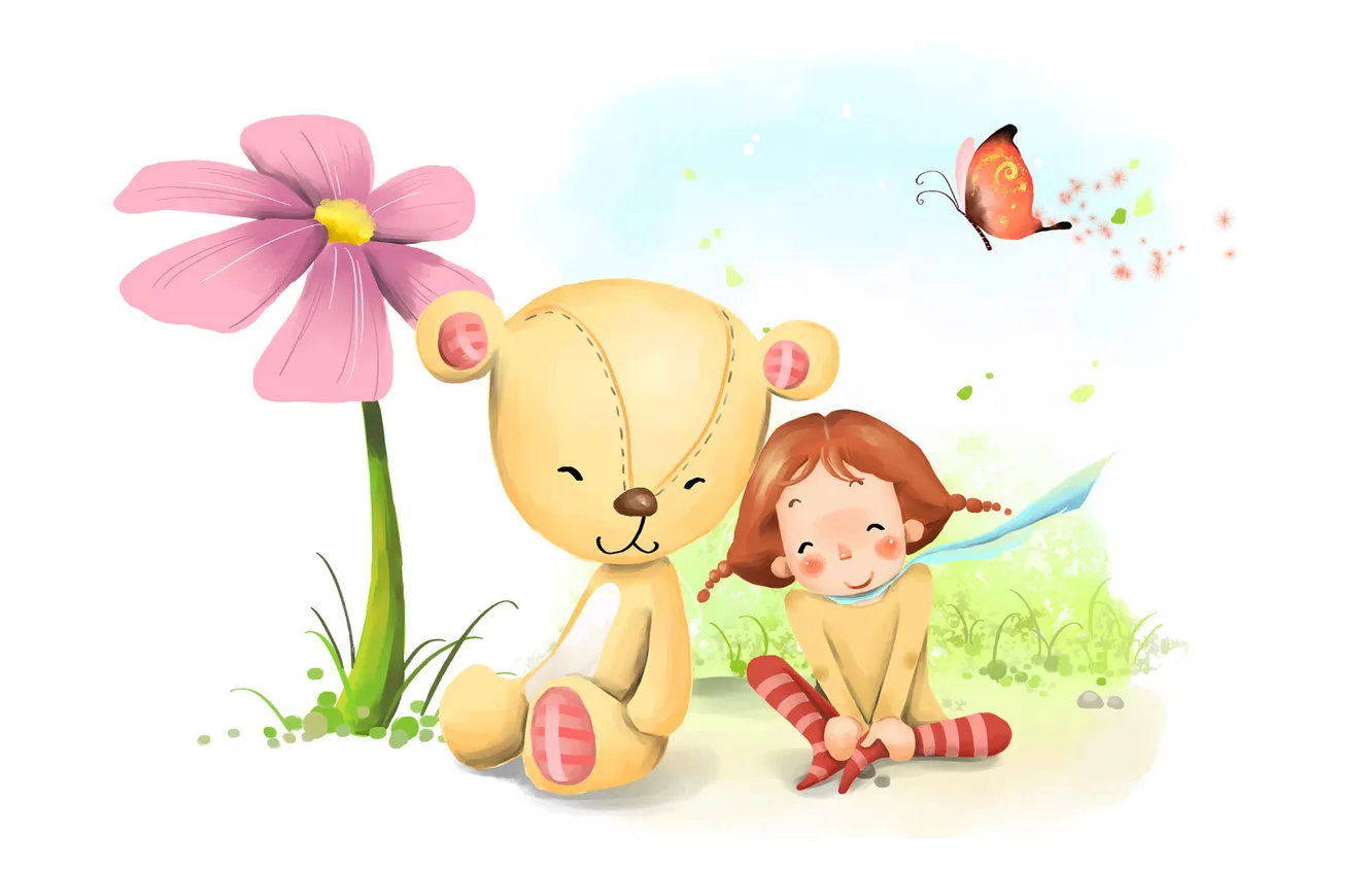 Photo wallpaper flowers, bear, girl