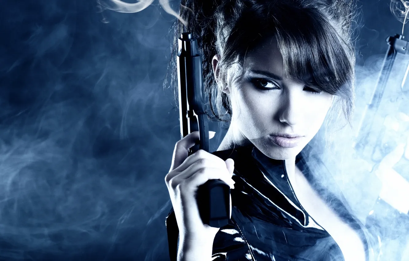 Photo wallpaper look, girl, gun, background, brunette