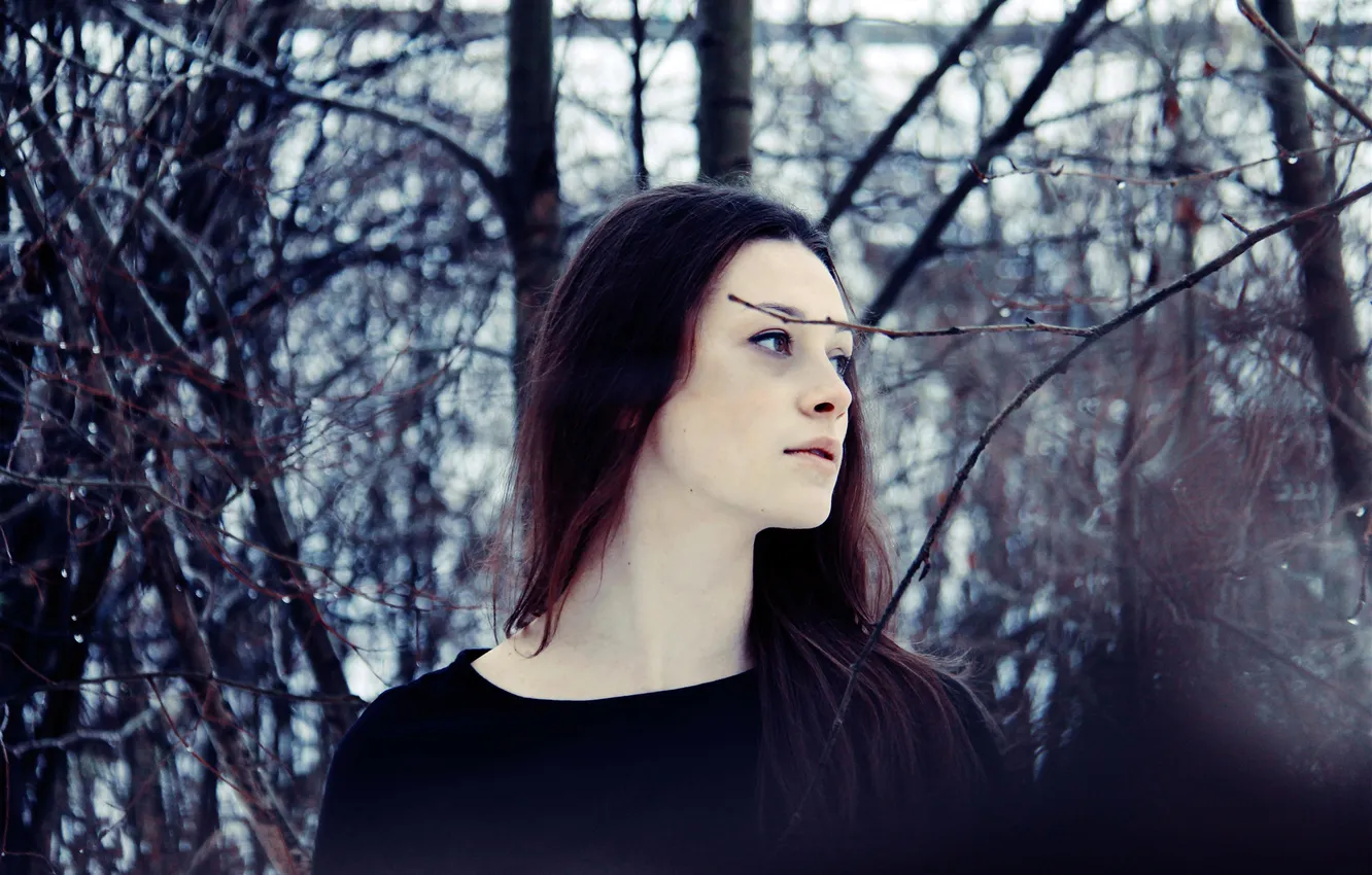 Photo wallpaper forest, look, girl, branches, face, brown hair