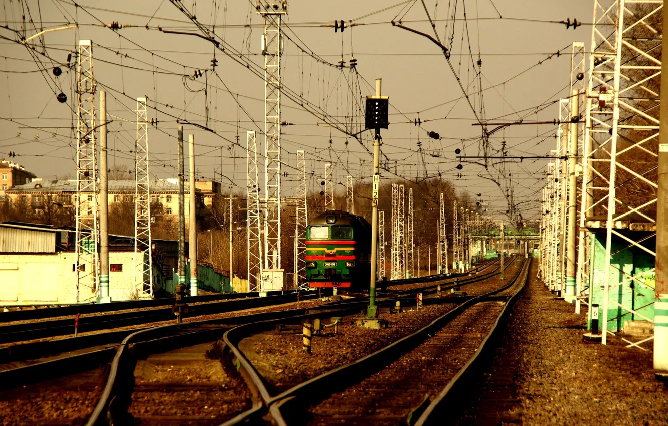 Photo wallpaper wire, rails, home, railroad, locomotive, mound, semaphore