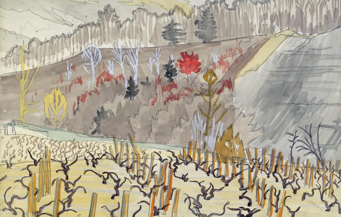 Photo wallpaper autumn, trees, Charles Ephraim Burchfield, The Vineyard