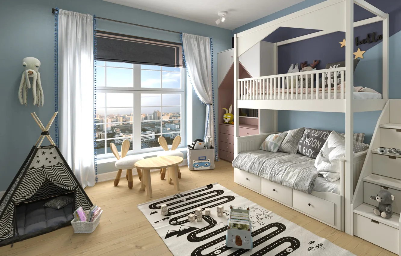 Photo wallpaper design, style, interior, city apartment, children's room, child room