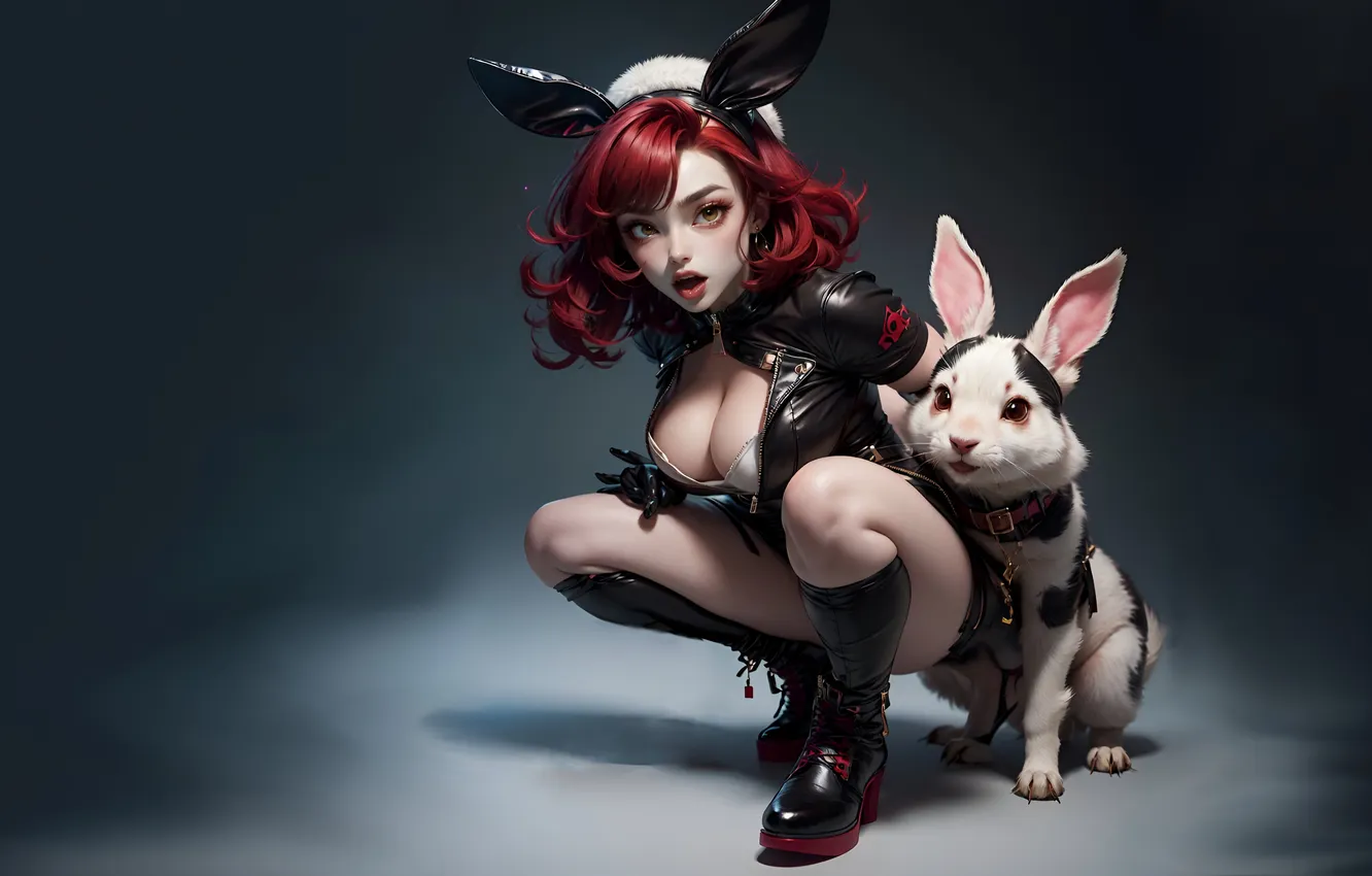 Photo wallpaper girl, the dark background, rabbit, items