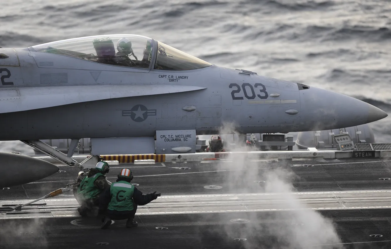 Photo wallpaper fighter, the carrier, deck, the rise, Hornet, FA-18C