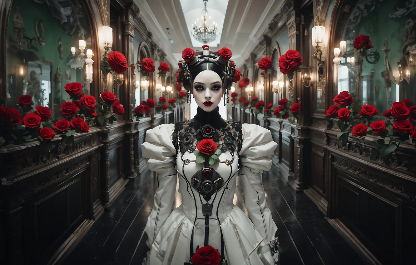 Photo wallpaper look, girl, light, flowers, red, pose, perspective, roses