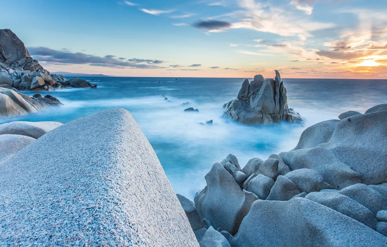 Photo wallpaper sea, clouds, sunset, rocks