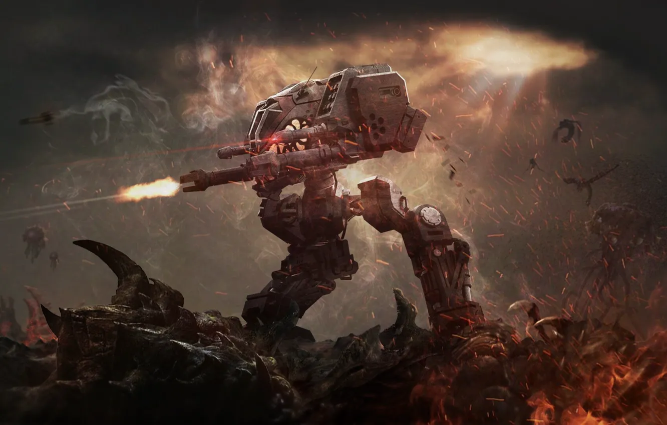 Photo wallpaper starcraft, fire, Blizzard, Terran, Zerg, Goliath, Terran, Goliath
