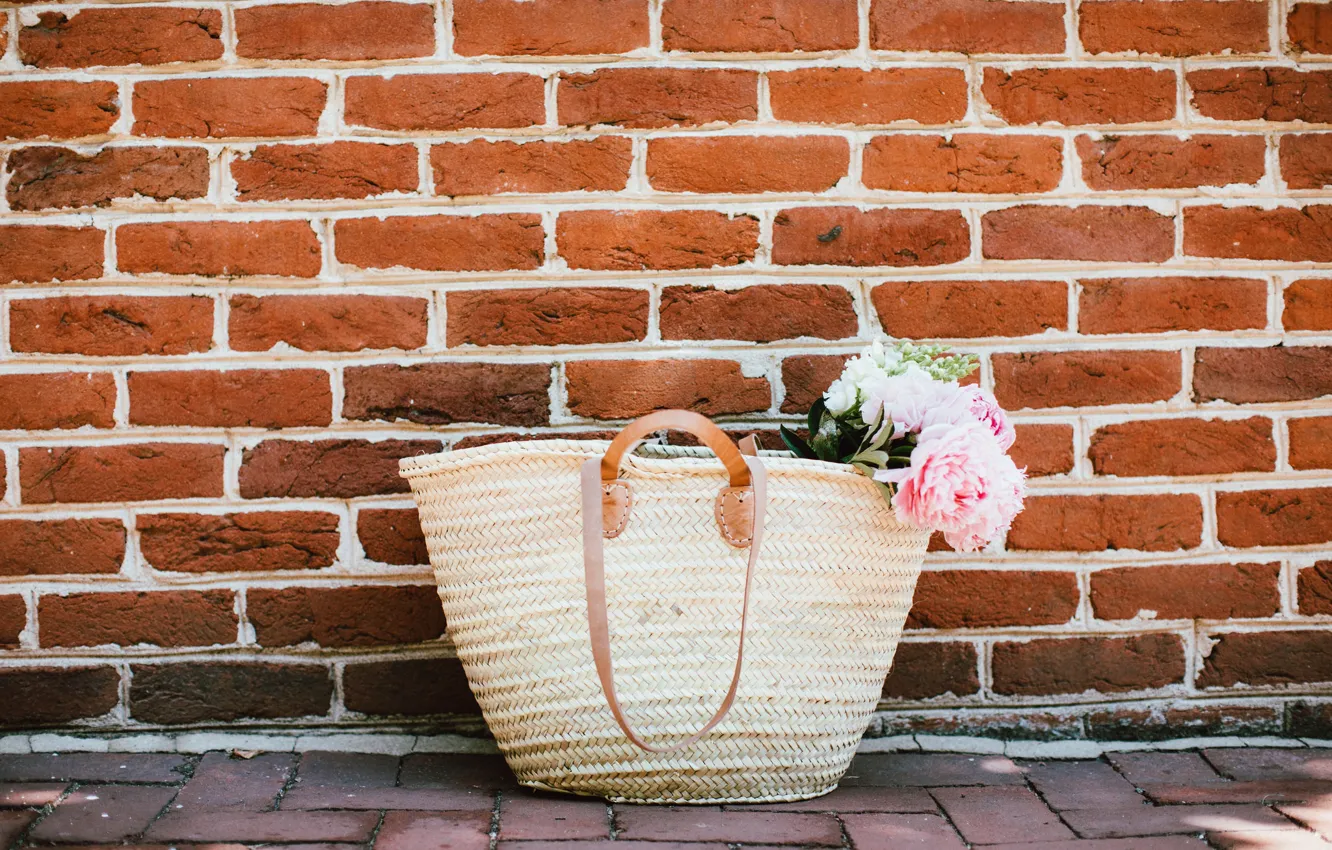 Photo wallpaper flowers, wall, street, brick, petals, pink, bag, peonies