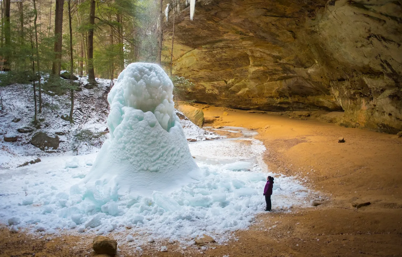 Photo wallpaper ice, girl, nature, waterfall, frost, cave, blocks