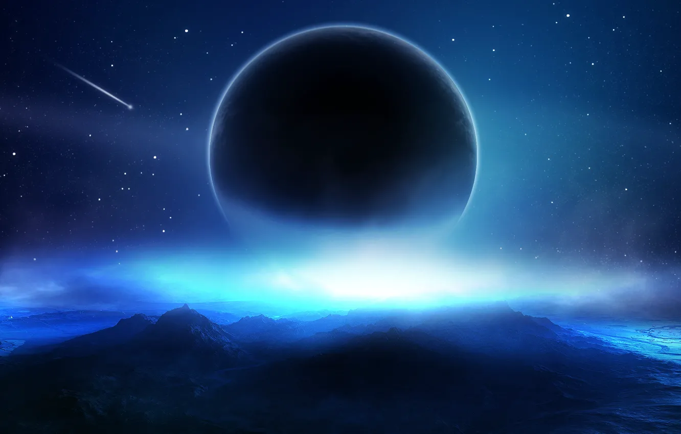 Photo wallpaper space, clouds, stars, planet