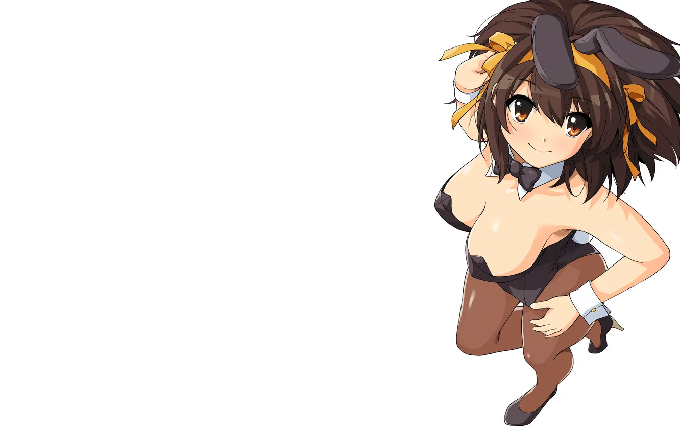 Photo wallpaper girl, sexy, cleavage, long hair, legs, brown hair, boobs, anime