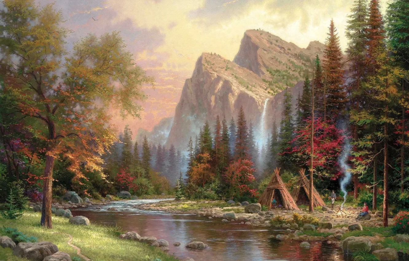 Photo wallpaper mountains, river, smoke, waterfall, the fire, painting, Thomas Kinkade, painting