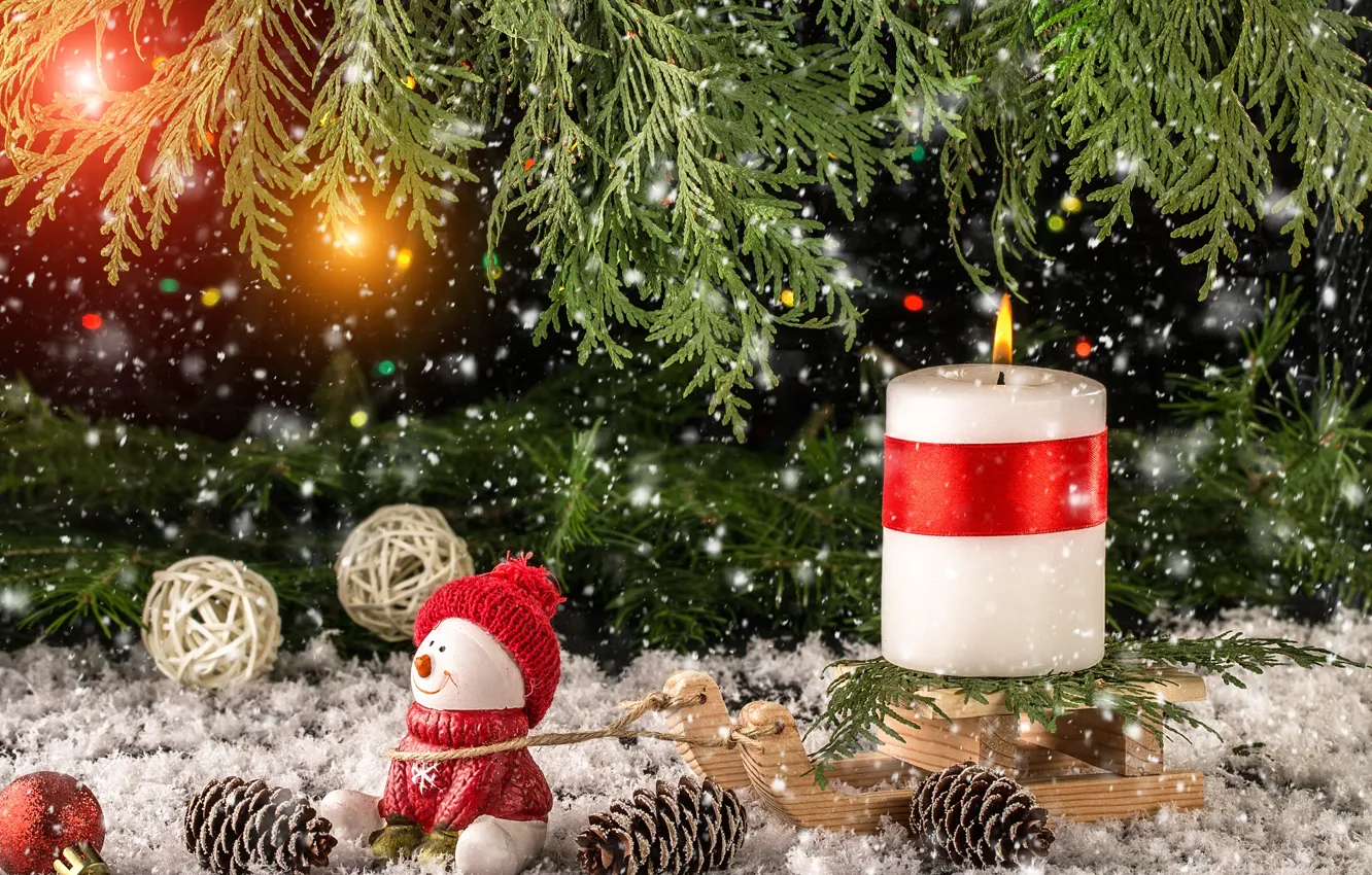 Photo wallpaper snow, decoration, toys, New Year, Christmas, snowman, christmas, wood