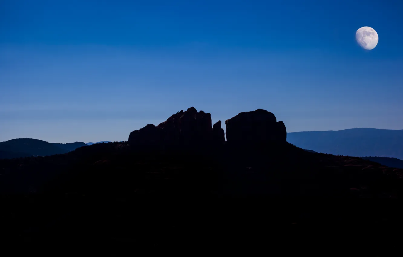 Photo wallpaper mountains, night, rocks, the moon, silhouette, canyon, USA, Arizona