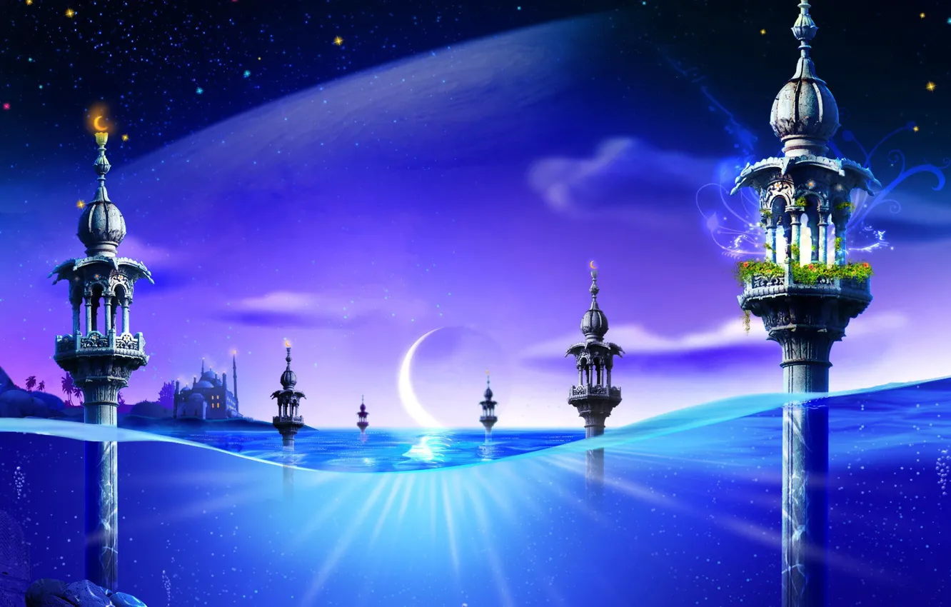 Photo wallpaper blue, fantasy, the moon, Water, tower