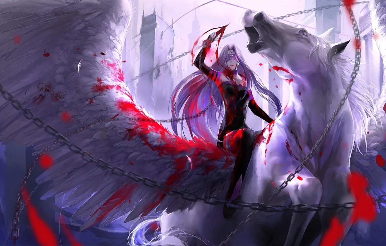 Photo wallpaper weapons, horse, blood, wings, art, knife, chain, rider