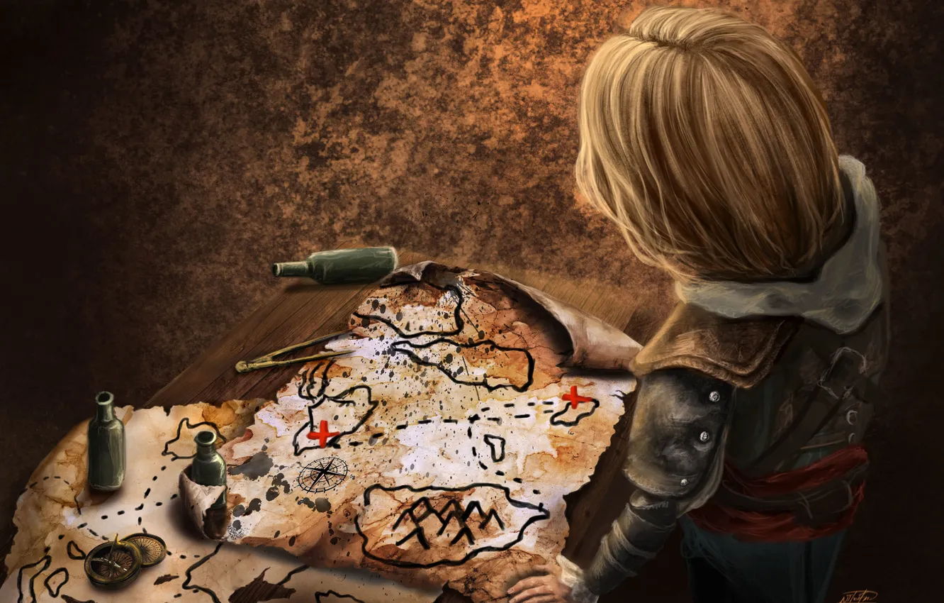 Photo wallpaper map, art, assassin, Edward, Black Flag, Edward Kenway, assassins creed IV