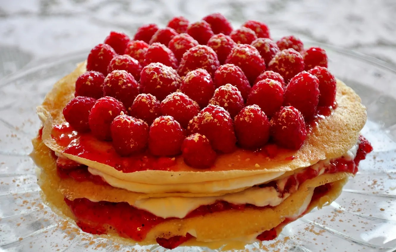 Photo wallpaper berries, raspberry, pancakes, pancake cake