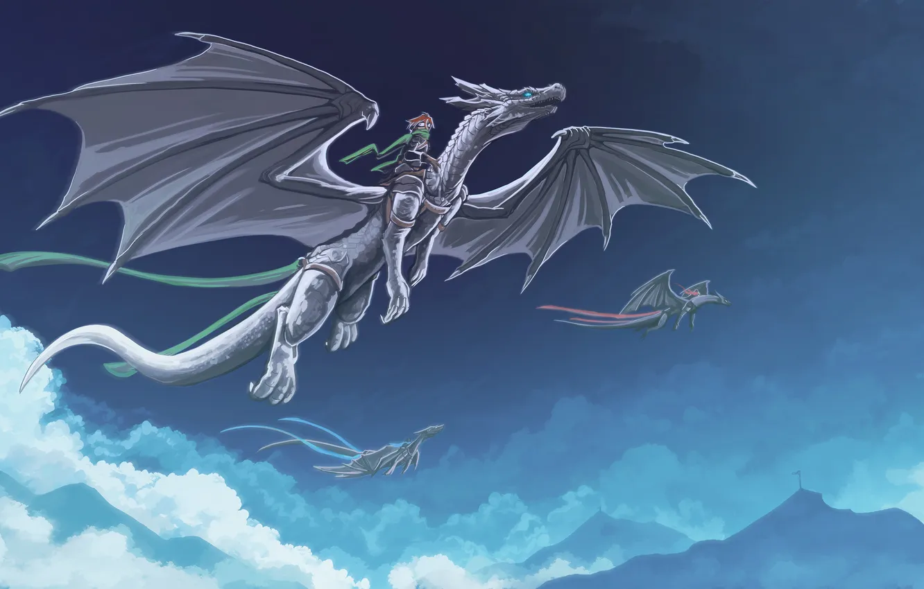 Photo wallpaper the sky, clouds, flight, fiction, wings, dragons, art