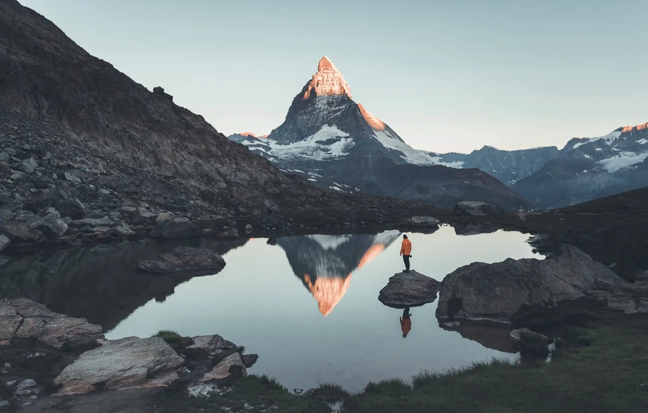 Photo wallpaper mountains, lake, rocks, people, mountain, Switzerland, top, Matterhorn