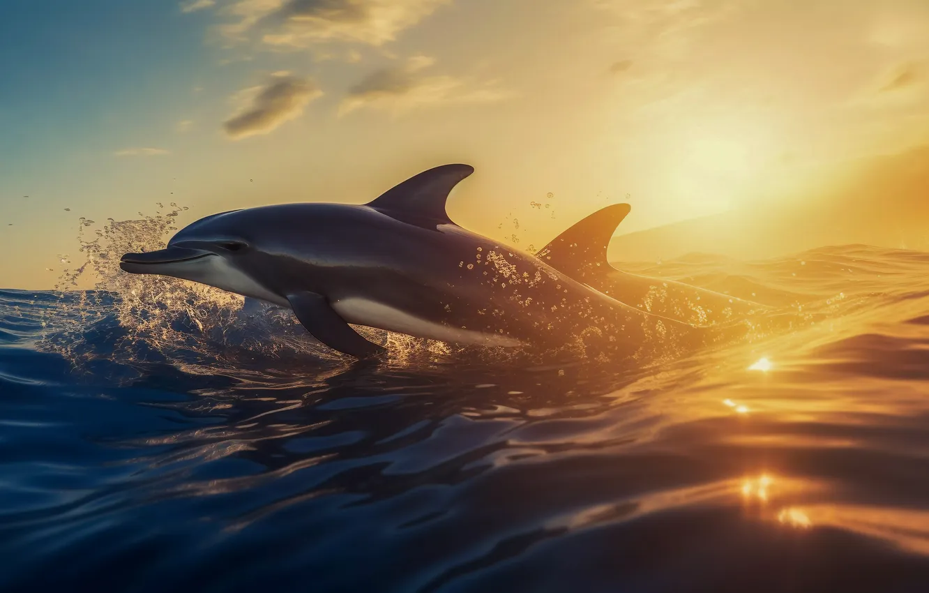 Photo wallpaper sea, water, dawn, jump, dolphins, two, digital art, AI art
