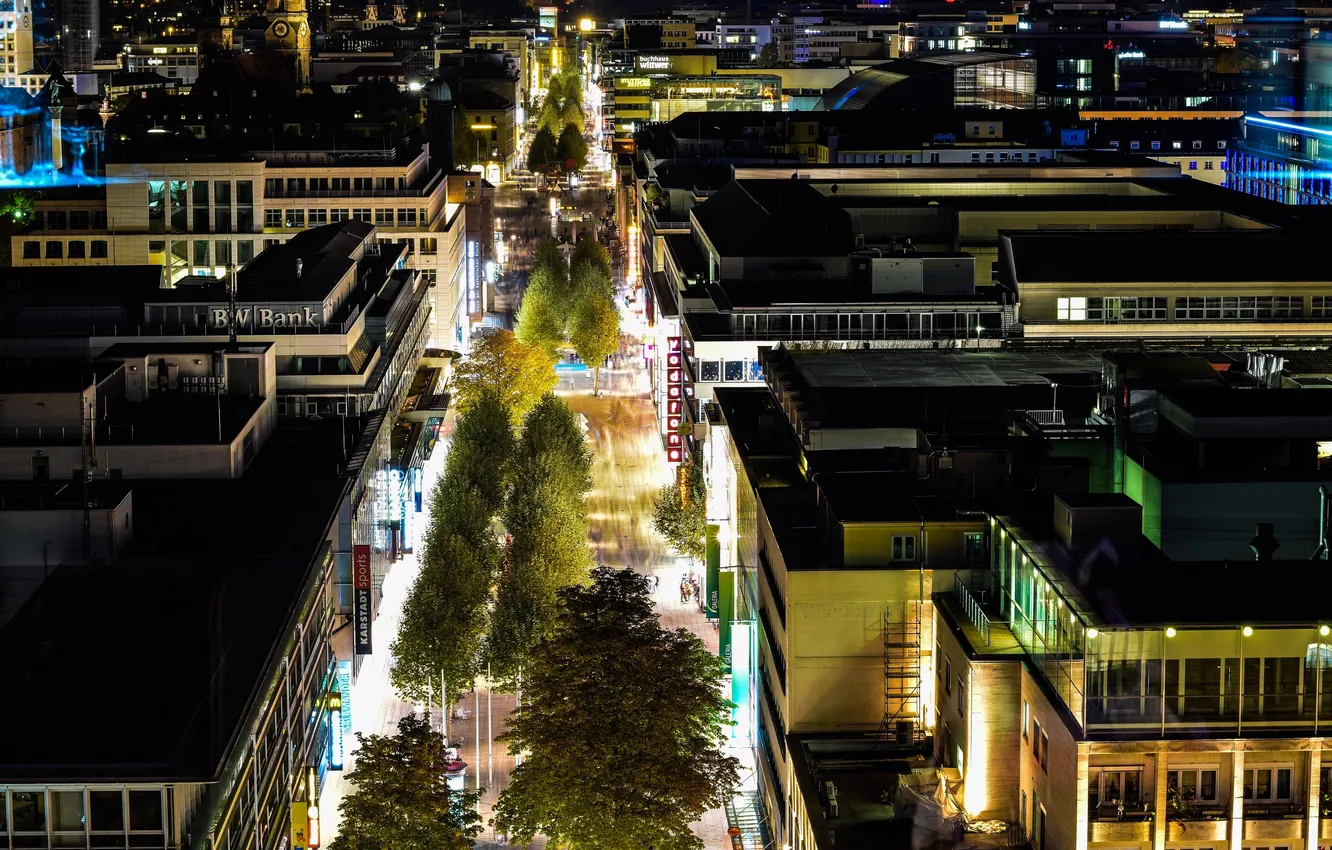 Photo wallpaper trees, street, building, home, lighting, panorama, night lights