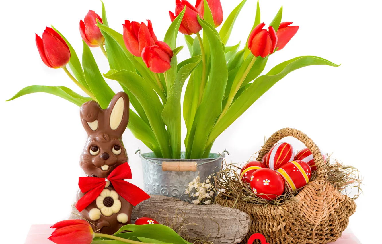 Photo wallpaper eggs, Easter, tulips, red, flowers, tulips, Easter, eggs