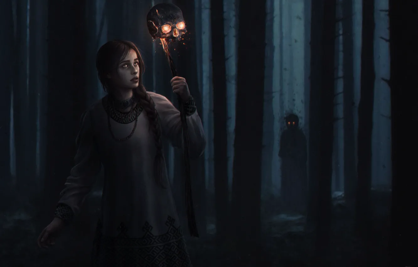 Photo wallpaper forest, girl, trees, night, fiction, darkness, skull, tale