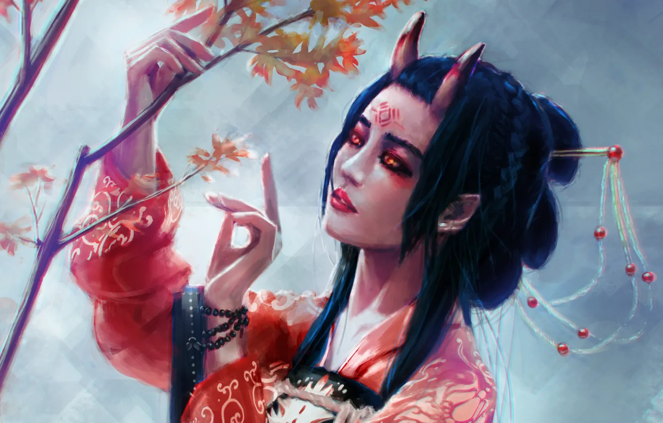 Photo wallpaper look, tree, Japan, fantasy, art, horns, kimono, demoness