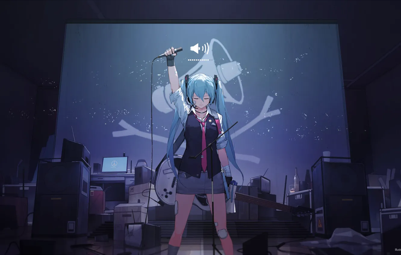 Photo wallpaper microphone, vocaloid, hatsune miku, art