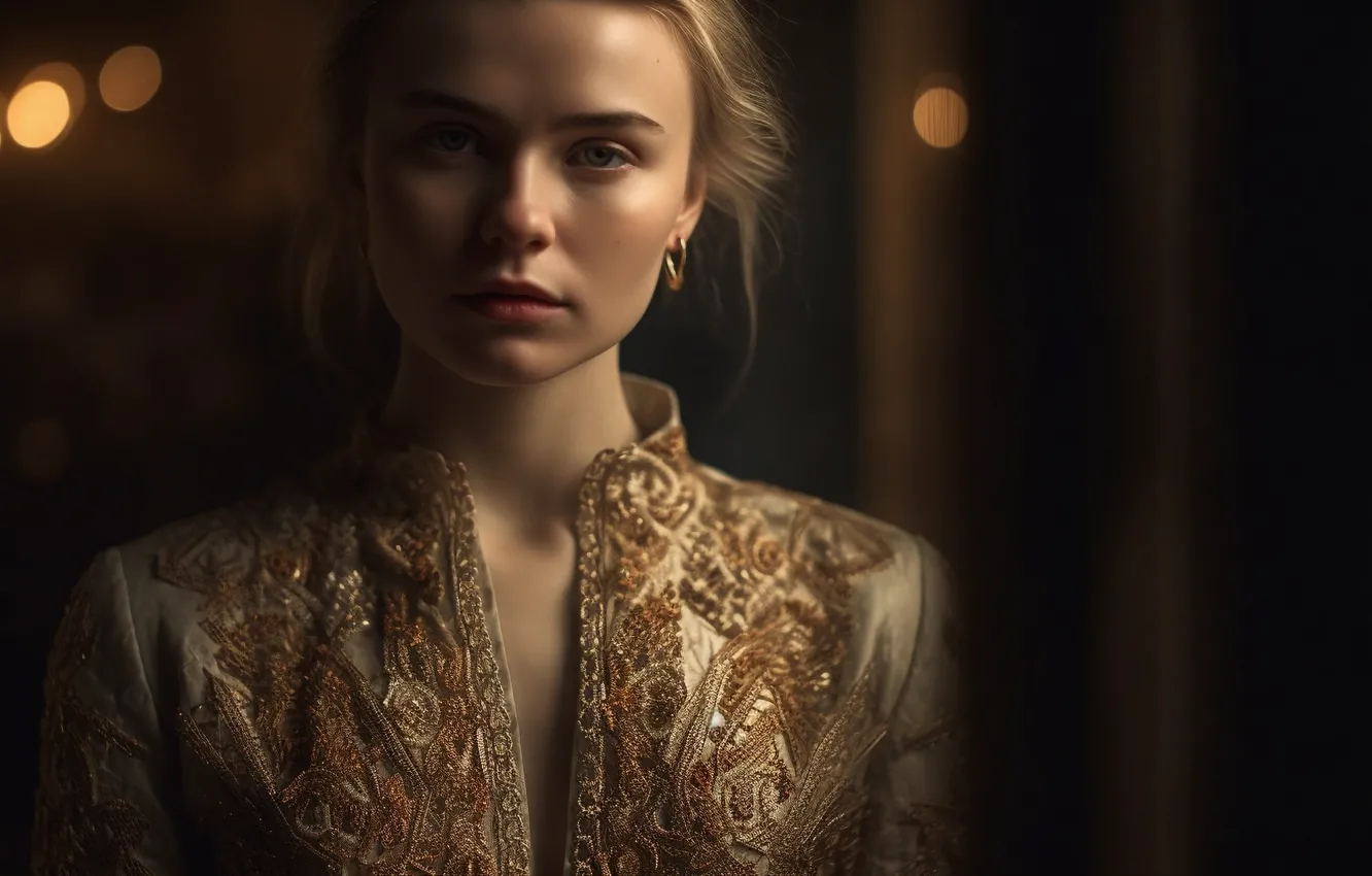 Photo wallpaper look, girl, the dark background, portrait, earrings, blonde, outfit, embroidery