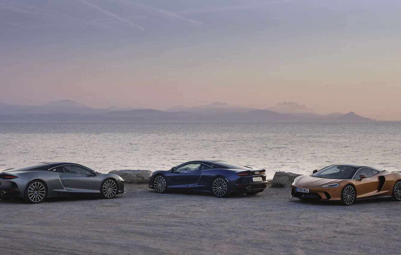 Photo wallpaper sunset, coast, McLaren, the evening, supercars, 2019, McLaren GT