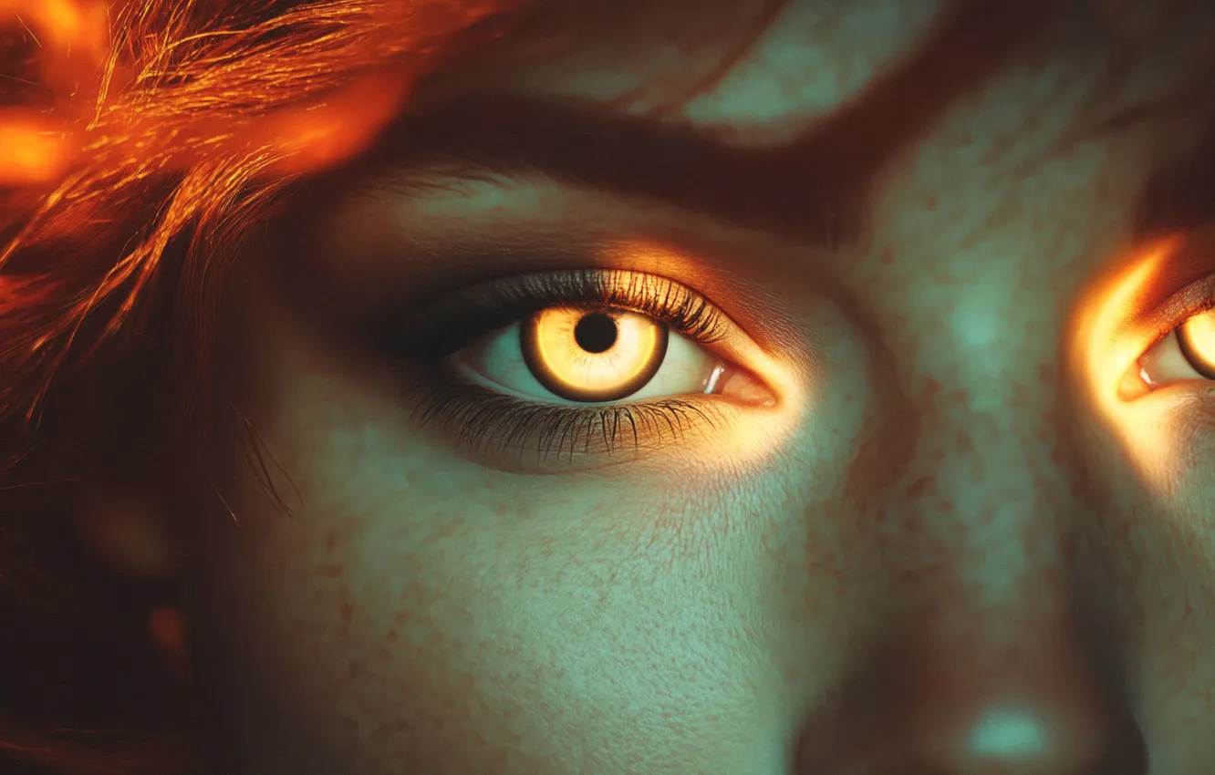 Photo wallpaper eyes, girl, freckles, red hair, eyes, women, yellow eyes, redhead