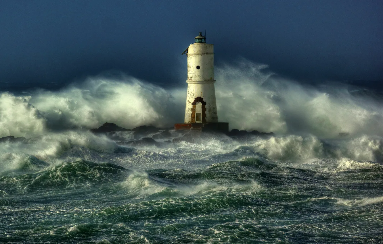 Photo wallpaper sea, wave, storm, lighthouse